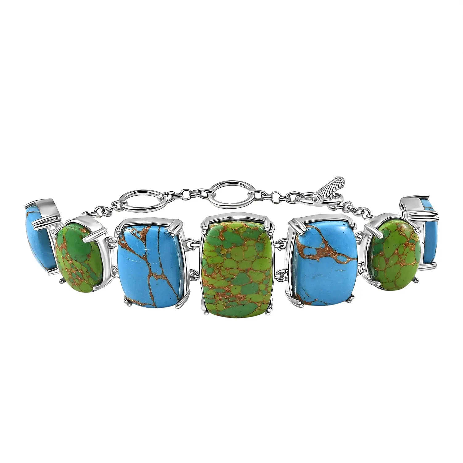 Mojave Green and Blue Turquoise 48.15 ctw Bracelet in Platinum Over Copper and Stainless Steel (6.50 In)
