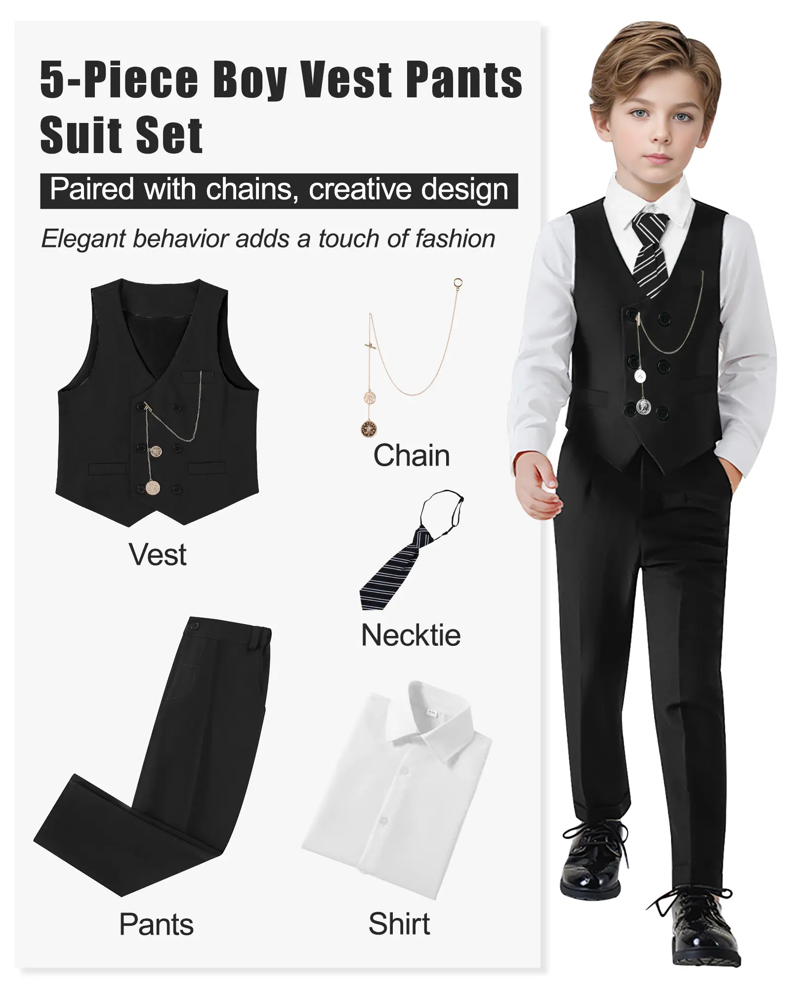 Boys' 5-Piece Fitted Suit Set, High Quality Cotton Blend Vest Outfit with Long Sleeve Shirt for Valentine's Day, Christening & Baptism, Clothes Suits, Combined Set, Thanksgiving