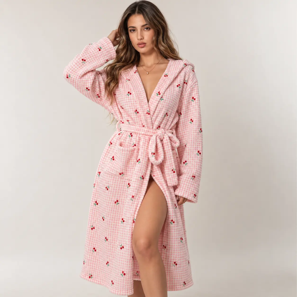 Women's Plush Hooded Bathrobe, Pink Plaid Cherry Print Sleep Robe, Soft Cozy Long Robe with Belt, Warm Winter Loungewear & Sleepwear