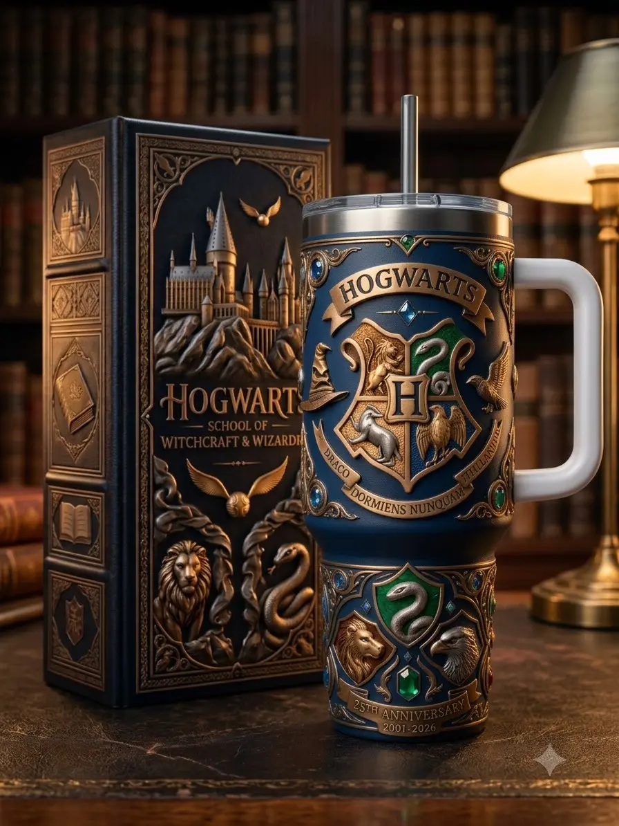 Hogwarts 25th Anniversary 40oz Tumbler with Handle and Straw, Wizarding School Crest Insulated Travel Cup, Magical Castle Gift for Fans