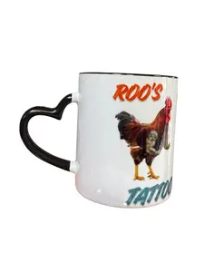 Roo's Tattoo Ceramic Coffee Mug11.OZ, Funny Rooster Design, Black Heart Handle, Novelty Gift
