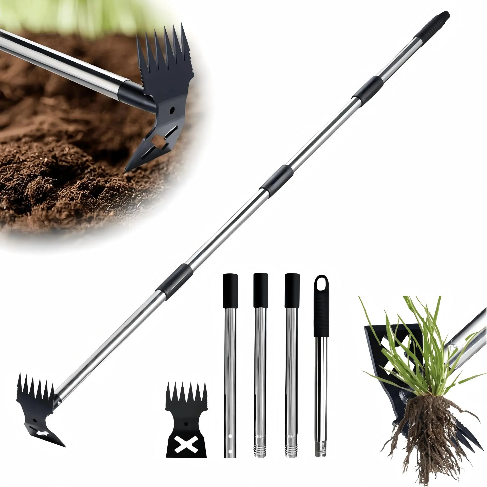 2-in-1 Heavy Duty Garden Weed Puller & Lawn Rake, 58" Adjustable Long Handle Manual Root Remover Digger for Yard, Patio