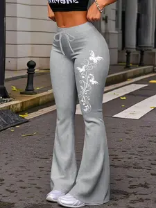 1 Piece, Casual Fashion Trousers Pants, White Printed Butterfly Vine Unique Casual Fit Women's Flared Cuffs Drawstring Yoga Joggers, Streetwear Suitable for Womenswear Adjustable