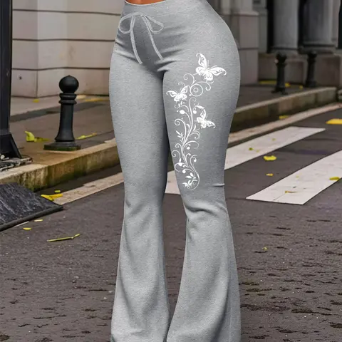 1 Piece, Casual Fashion Trousers Pants, Casual Comfy Trousers, White Printed Butterfly Vine Unique Casual Fit Women's Flared Cuffs Drawstring Yoga Joggers, Streetwear Suitable for Womenswear Adjustable, Breathable Sports Pants, All Season Trousers, Bottom