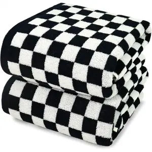 Black & White Checkered Cotton Bath Towels Set of 2 - Cute Aesthetic Towels for Bathroom Decor, Pool, Beach, Spa, 27.5" x 55"