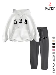 Autumn Winter New Fleece Hooded Fashion Letter Ada Print Casual Long Sleeve Loose Sweatshirt + Drawstring Jogger Pants Set