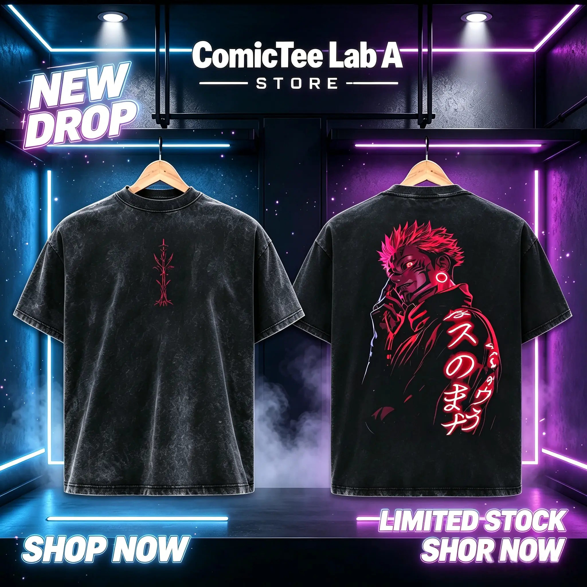 Men's Short-Sleeve Ryomen Sukuna Jujutsu Kaisen Oversized Washed Heavy Cotton Neon Red Double-Sided Graphic Tee, Anime Collector EssentialDouble Sided Prints Big Bold Graphics  Tops Shirt Menswear T-Shirt Tshirts Shirt