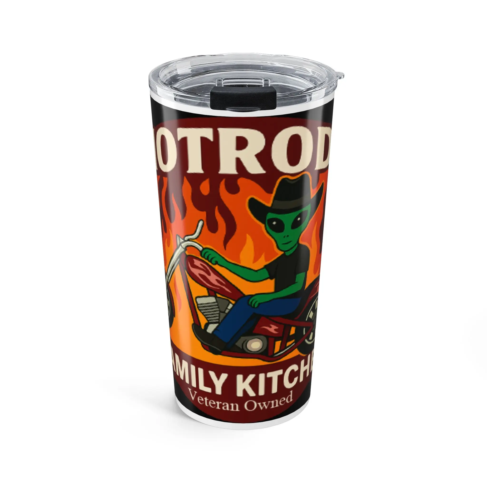 Alien Cowboy Riding Hot Rod Tumbler 20oz | Flaming Motorcycle Design