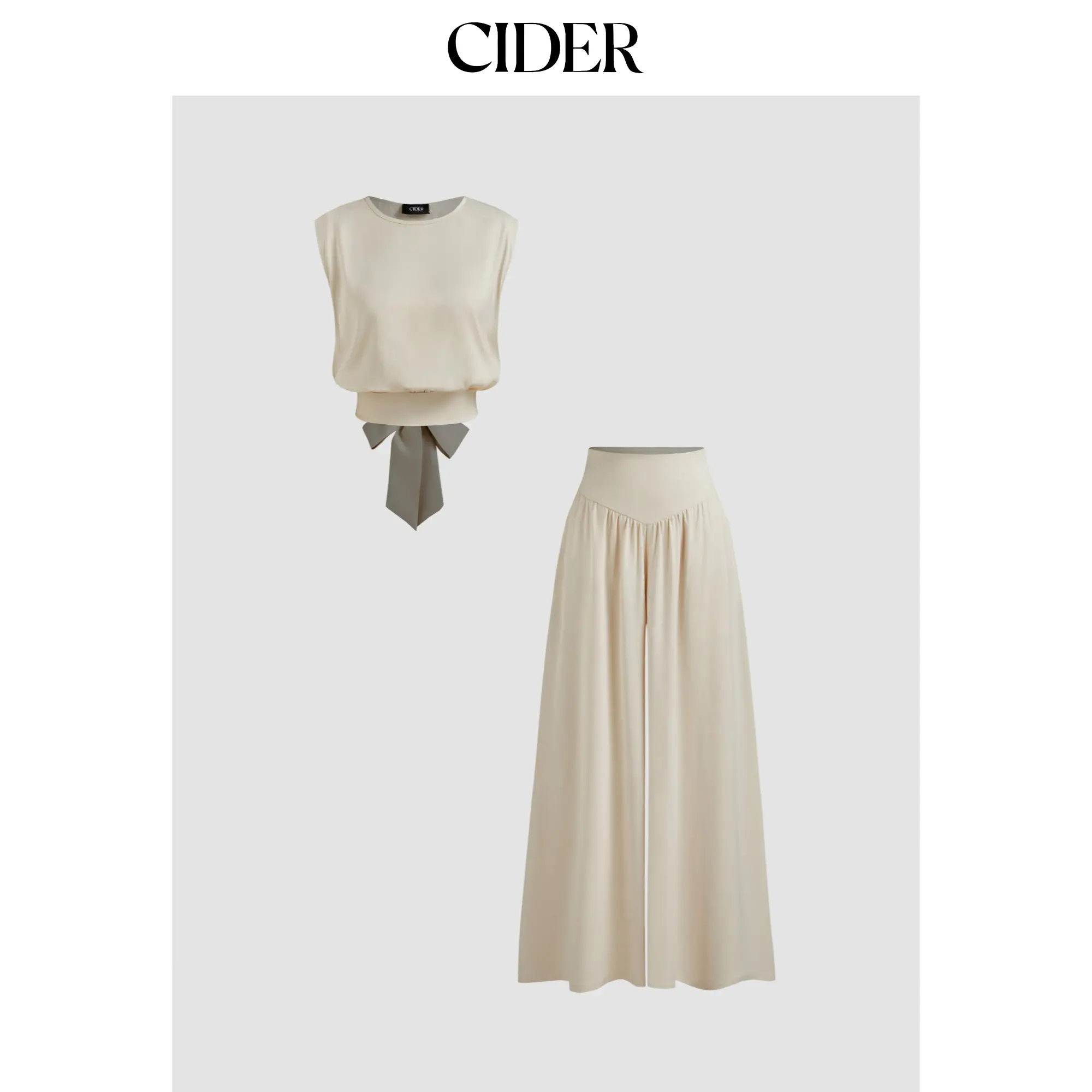 Cider Women's Solid Satin 2-Piece Trousers Set, Casual Knotted Top and Mid Rise Wide Leg Pants with Pockets, Clothes, Satin Top, Loose-Fitting, Sleeveless, Sizes Xs-Xl