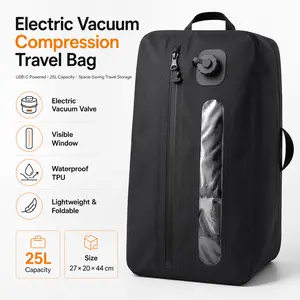 25L Electric Compression Packing Bag with Built-in Air Pump, Waterproof Nylon TPU Travel Vacuum Storage Bag, Rechargeable Space Saver Organizer for Clothes, Suitcase, Backpack, Dorm and Closet Compact Foldable Water Proof