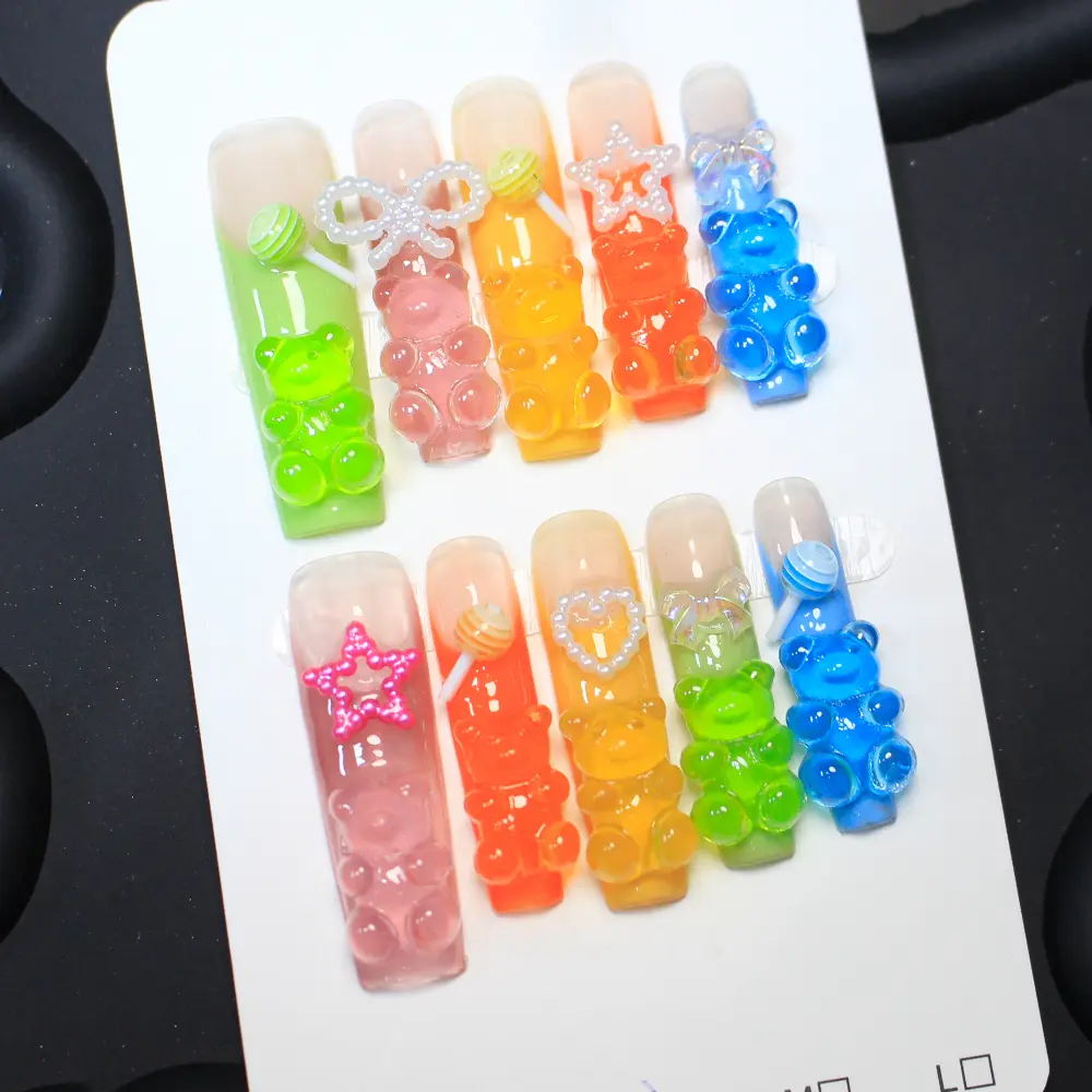 10pcs Super Long Ballet Press-On Nails Set - Mixed Color Glossy Finish with 3D Animal & Star Patterns, Rhinestone Embellishments, Pearl Accents for Party, Festival, and Daily Wear, Press On Sets, Nail Decoration Supplies, Glittering Fake Nails