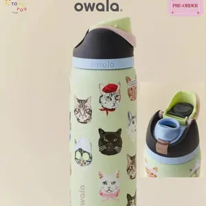 32oz Owala Cat Print Stainless Steel Tumbler - Leakproof FreeSip Drinkware, Travel Cup with Lid for Cat Moms
