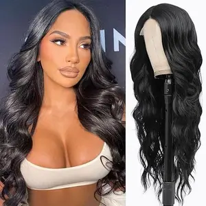 Long Black Wavy Wigs for Women Middle Part Black Wavy Lace Front Wig Synthetic Hair Natural Looking Long Black Wig for Daily Party Use 26 Inch