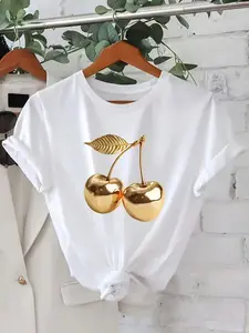Quanquan Metallic Golden Cherry Print Short-Sleeve T-Shirt, Fashionable Niche Loose-Fit Crewneck Top, Sweet and Cool Versatile Casual Women's Style
