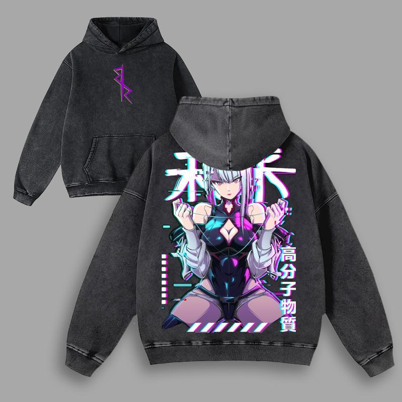 Cyberpunk Futuristic Anime Girl Glitchcore Hoodie Vintage Washed Oversize Heavyweight Cotton Gaming Graphic Crewneck Soft Tops Natural Shade Streetwear Hoodie Video Game Merch Gift