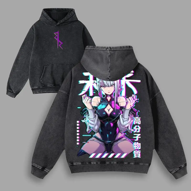 Cyberpunk Futuristic Anime Girl Glitchcore Hoodie Vintage Washed Oversize Heavyweight Cotton Gaming Graphic Crewneck Soft Tops Natural Shade Streetwear Hoodie Video Game Merch Gift