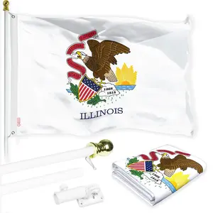 G128 Combo Pack: 6 Ft Tangle Free Spinning Flagpole (White) & Illinois Flag 3x5 Ft Printed 150D Polyester, Brass Grommets (Flag Included) Aluminum Flag Pole