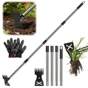 2 in 1 Hand Weed Rake and Garden Hoe for Gardening Includes Gloves,Weed Puller Tool with Long Handle - Adjustable Length Manual Weeder Remover Tool, Uprooting Weeding Tool for Yard, Lawn, Patio, Garden