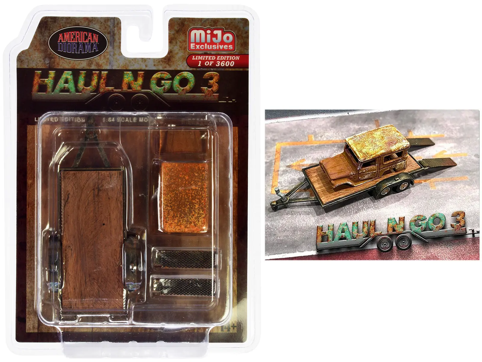 "Haul N Go 3" 4 piece Set (1 Flatbed Trailer, 1 Abandoned Car, 2 Ramps) Ltd Ed for 1/64 scale models by American Diorama