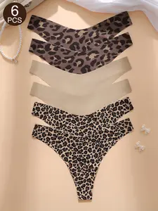 6Pcs Sexy Hipster Leopard Print Thongs for Women, Fashion Comfy Underwear, Low-Waist Fitted Underwear, Plain Pattern, All Seasons Wear, Ca Prop 65 Compliant