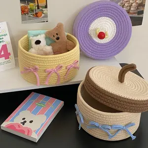 Cute cotton woven storage basket with lid for home use, dustproof desktop ornament, drawer organizer