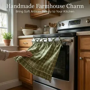 Handmade farmhouse-style oven cover with ruffle trim and tie, retro home decor; country-style kitchen appliance dust cover and apron, suitable for ovens, dishwashers, and washing machines; kitchen accessories