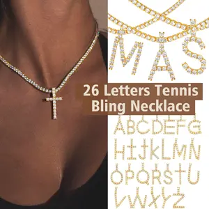 FindChic Tennis Initial 26 Letters Cubic Zirconia Necklace Bling Golden Cubic Zirconia Choker Chain 14" with A-Z Alphabet 26 Letter Pendant, Bling Rapper Hip Hop Unisex Jewelry for Women Men Boys Girls Couple Jewelry Back to School Gift
