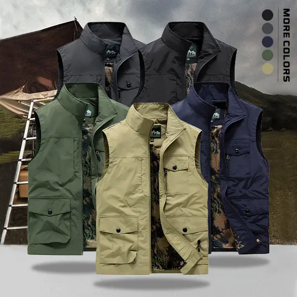 Men’s lightweight quick-dry multi-pocket outdoor functional vest with stand collar and zipper; sleeveless fishing, hunting, and travel vest; breathable, windproof workwear vest with multiple pockets; available in five colors.