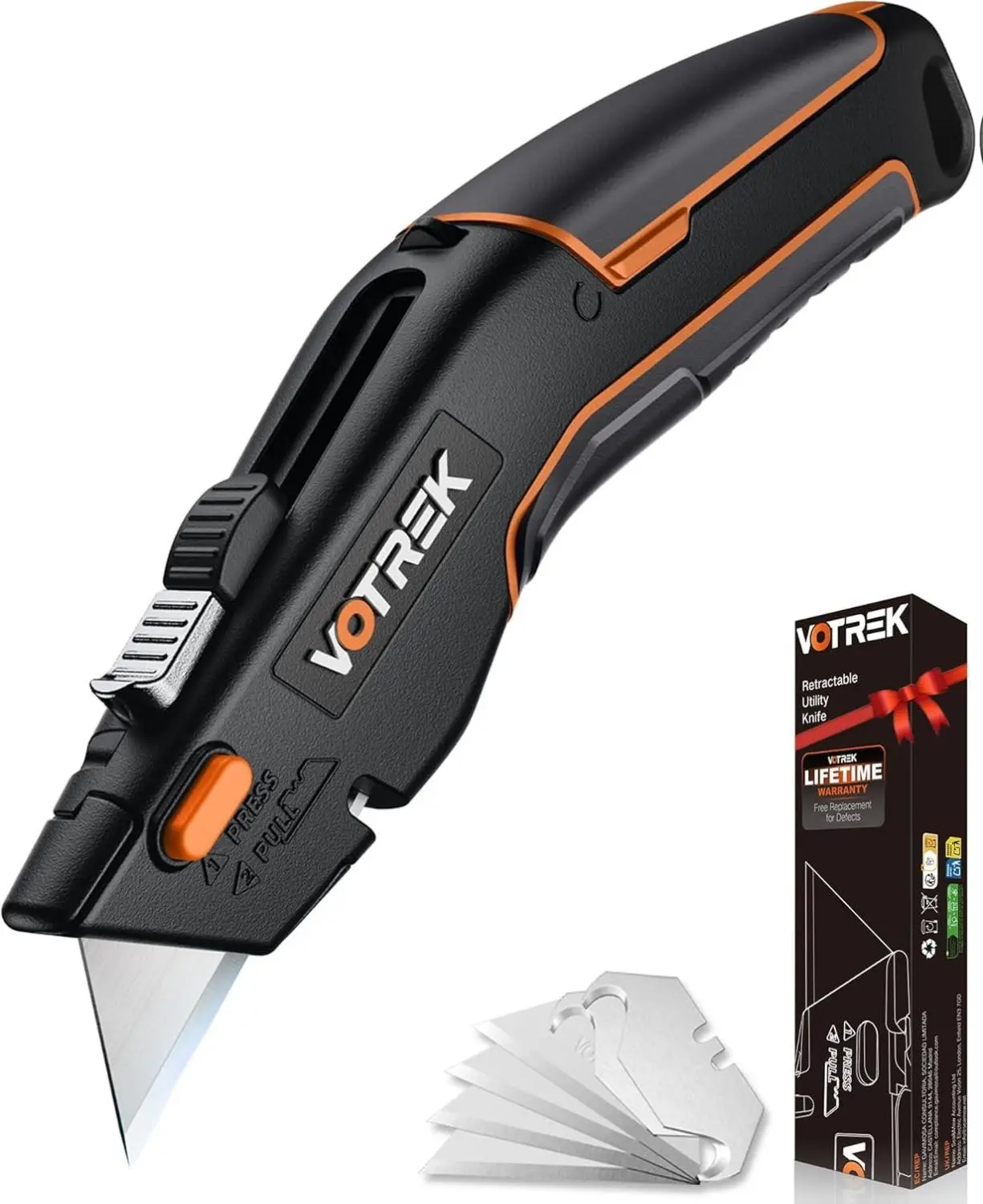 VOTREK Box Cutter Utility Knife with Blade Storage, Retractable All-Metal Razor Knife with Quick Blade Change, SK5 Sharp Blades for Cardboard Carton Warehouse, Extra Blades Included