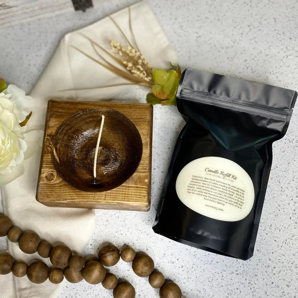 DIY Candle Making Kit - Square 1 hole Wood Bowl, 25 Scent Options, 12 oz Wax, Wicks and Instructions included