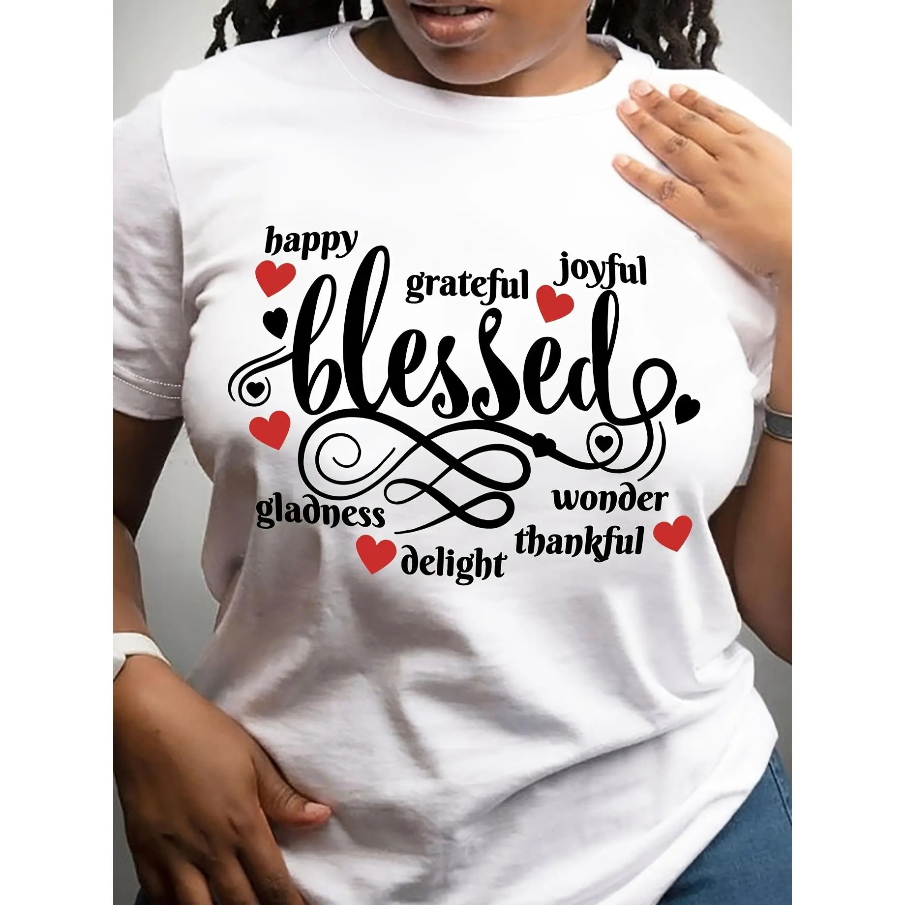 Women's Inspirational "Happy Blessed Grateful Joyful Wonderful" Quote T-Shirt - Soft Breathable Fade-Resistant Casual Tee with Heart & Swirl Design, Round Neck Short Sleeve Top for Spring Summer Fall, Inspirational Clothing| Swirl Pattern Shirt| Soft Brea