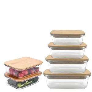 Glass food storage container with eco-friendly sealed bamboo lid and silicone ring - plastic-free, safe stacking food finishing and preservation. Suitable for microwave, dishwasher-reusable glass lunch box, bento lunch box