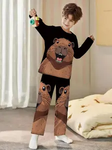 Capybara 2-piece boys' long-sleeved pajamas with digital printing, featuring a black background, including long-sleeved tops and long pants, made of flame-retardant fabric. This stylish, trendy, casual, comfortable and soft pajama set is suitable for slee