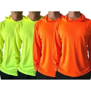 4 shirt pack hi vis long sleeve safety shirt with hoodie, quick dry polyester BirdEye mesh/ultra lightweight hoodie shirt reflective thin pullover long sleeves ( 4 shirts per order)