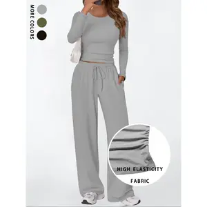 Women's Slim Fit Sportswear Two-Piece Set, Long Sleeve Short Top + High Waist Wide Leg Pants, Casual Daily Wear, Sweatsuit Sets, Sweatsuit Set Outfit