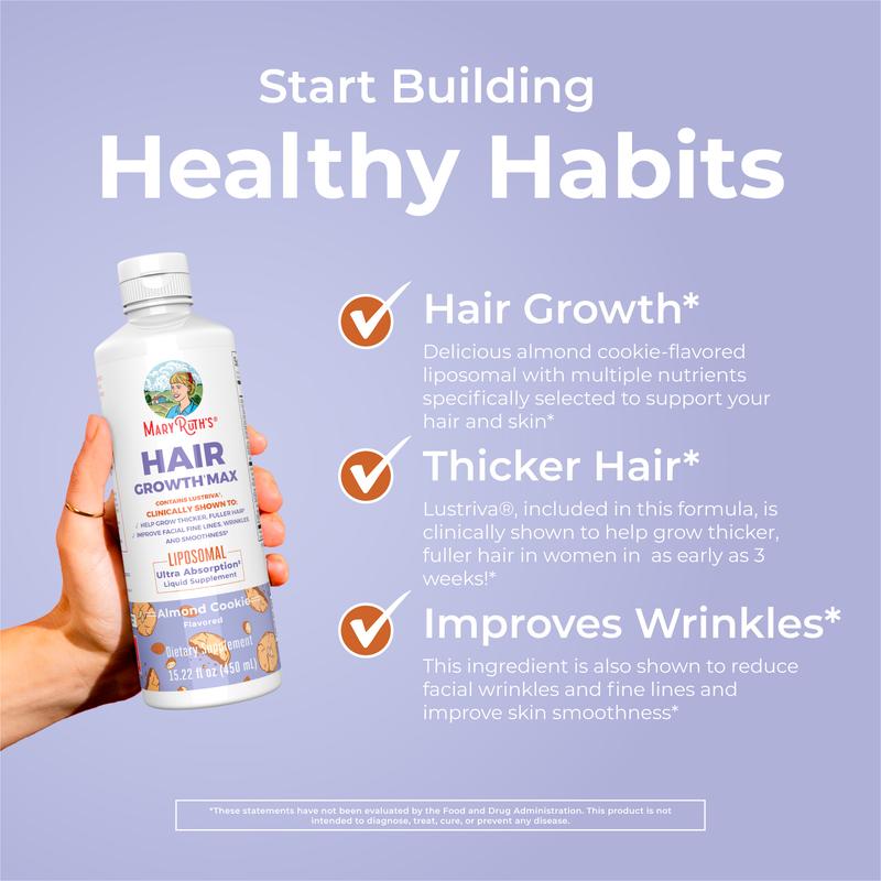 MaryRuth's Hair Growth Max Liposomal - Lustriva + Biotin 10000mcg + Pumpkin Seed Oil - Thicker Hair - Improve Wrinkles & Fine Lines - 15.22 Fl Oz