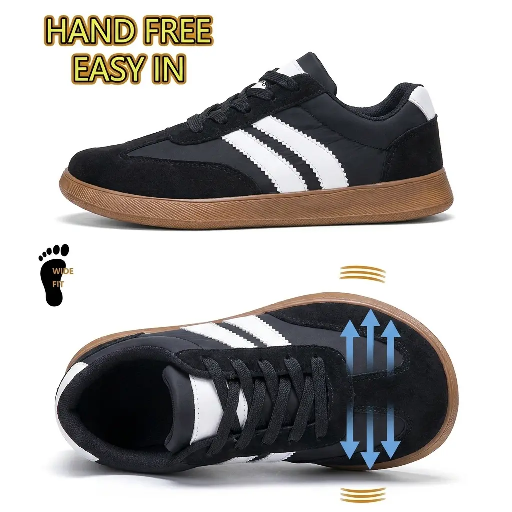Wide Fit Women's Waterproof PU & Faux Suede Skate Sneakers, Roomy Wide Toe Box Hands Free Step-In Lazy Slip On Shoes, Wear Resistant Gum Outsole Vintage Three Stripe Fashion Casual Trainers All Season Daily Wear