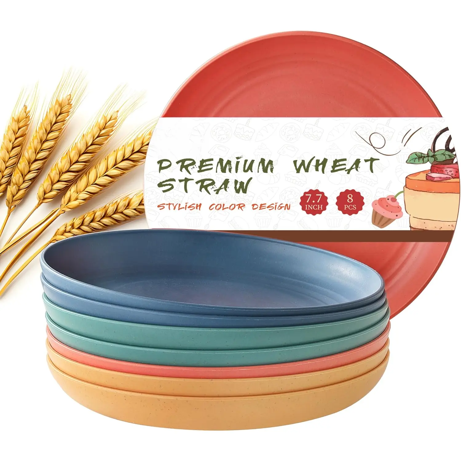8 count Wheat Straw Plates,  7.7 Inch  Reusable Plastic Unbreakable Dinner Plates for kitchen, Dishwasher & Microwave Safe (4 colors)