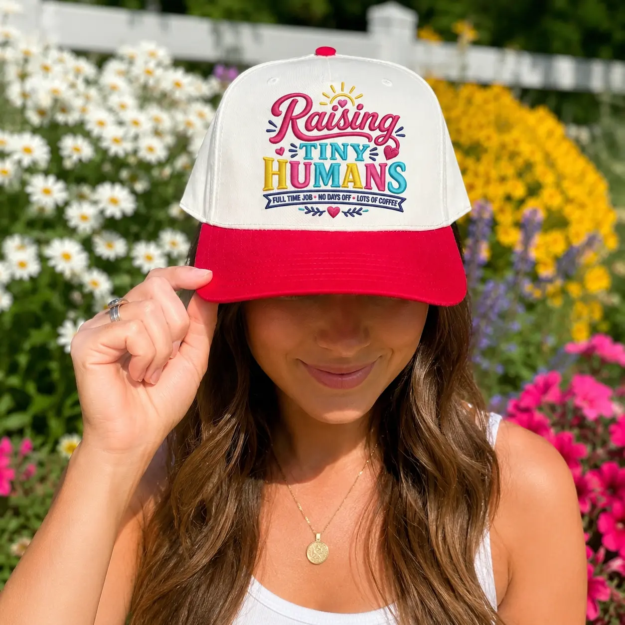Raising Tiny Humans Embroidered Baseball Hat, Funny Mom Life Cap, Colorful Two Tone Summer Hat, Full Time Mom Gift, Mother’s Day Gift for Women, Teacher Nurse Coffee Lover Cap