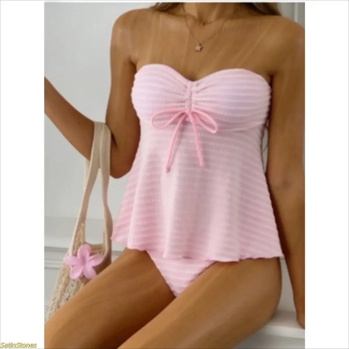 Women's Striped Tankini Bottoms Set - Strapless Textured Bandeau Neck, Ruched Fit, Ruffle Flounce Bathing Suit for Summer Beach Vacation, Pool Party, Striped Print Tankini, Ruffle Flounce Tankini, Swimsuits