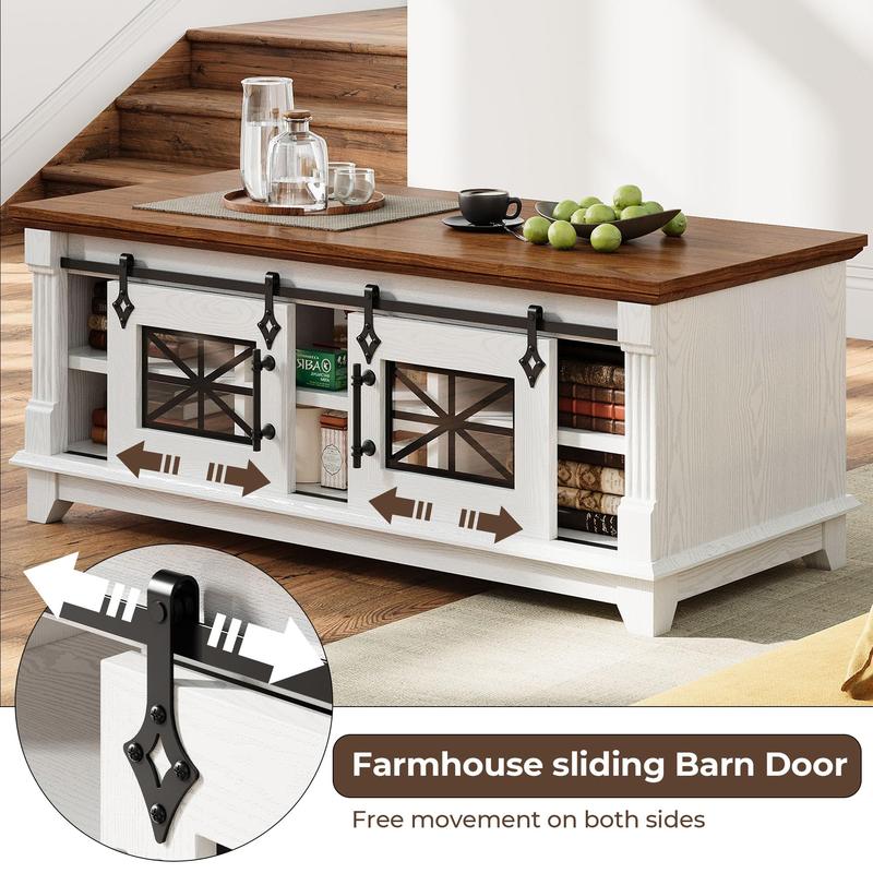 IRONCK 48'' Coffee Table with Sliding Barn Doors, Rustic Center Table with 6 Large Storage Space, Glass Doors and Adjustable Middle Shelf, Farmhouse Coffee Tables for Living Room