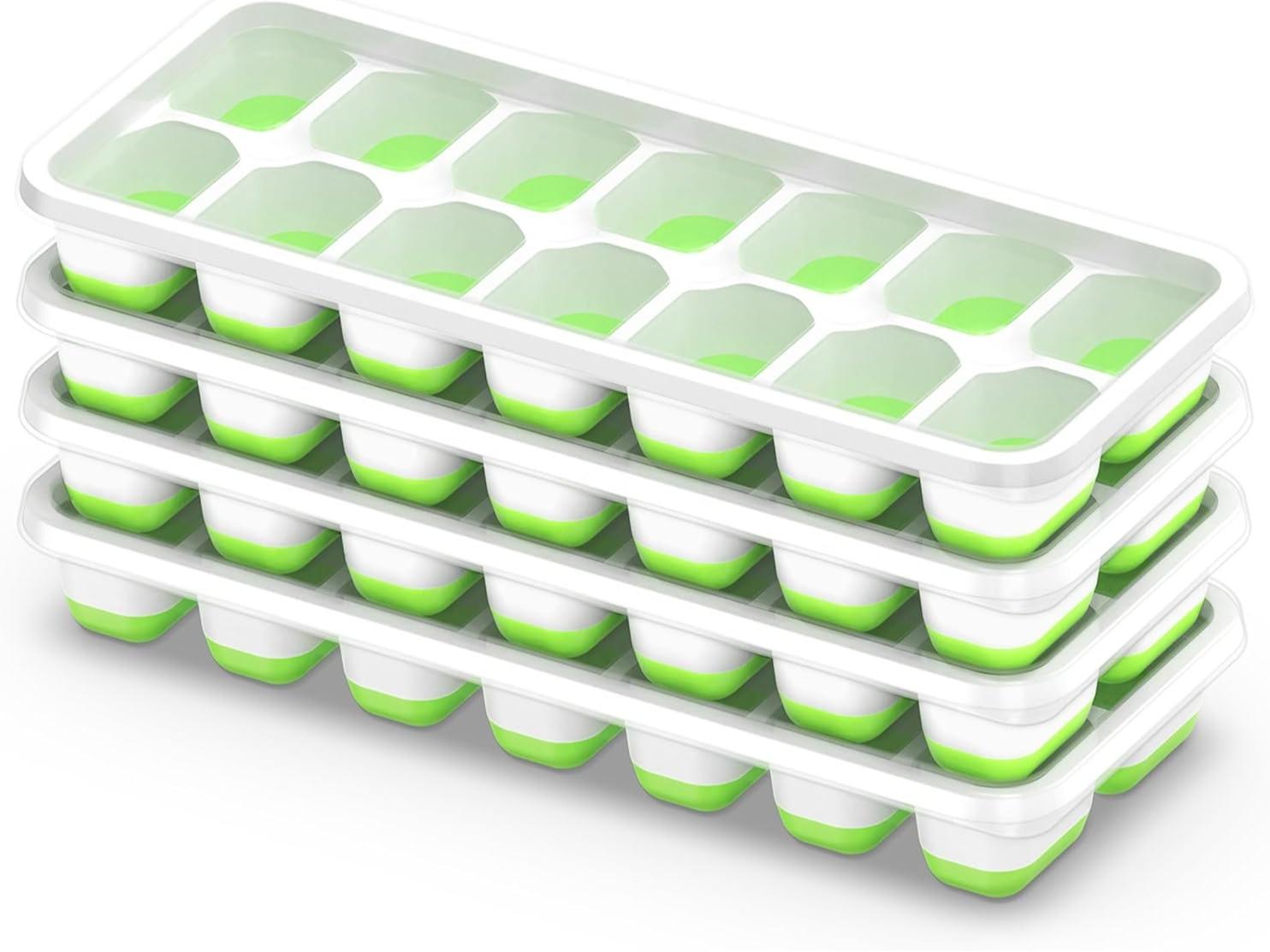Ice Cube Tray with Lid, 4 Packs 56 Cubes Durable Stackable Ice Cube Trays for Freezer with Removable Lids, Easy-Release Plastic & Silicone Ice Tray for Cocktail, Coffee，blue and green