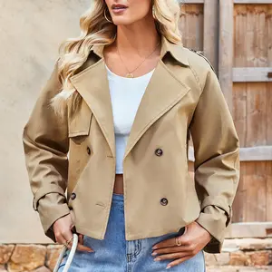 Stylish Women's Short Trench Coat Double Breasted Cropped Long Sleeve Easy-Match Casual Streetwear Coat