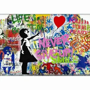 5D Full Drill Diamond Painting Kit - Banksy-Inspired "Girl with Balloon" Pop Art Collage, Street Graffiti Style, "Never Give Up" Message, Round Acrylic Diamonds, Street Art DIY for Home Decor, Diamond Pattern Design