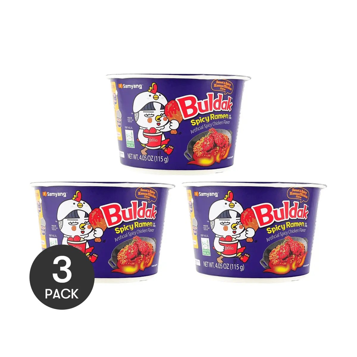 3 Pack SAMYANG Korean Buldak Fire Chicken Noodles - Sweet & Spicy Fried Chicken Flavor - Large Bowl 4.05 oz Each