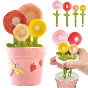 4-Piece Cute Ceramic Flower Measuring Spoons Set with Base, Decorative Planter Measuring Cup Combo, Kitchen Baking Tools