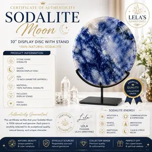 10” Collector Sodalite Moon with Display Stand Luxury Lunar Crystal Art Third Eye Décor Statement Altar Centerpiece Polished Celestial Blue Veining for Meditation & Spiritual Décor