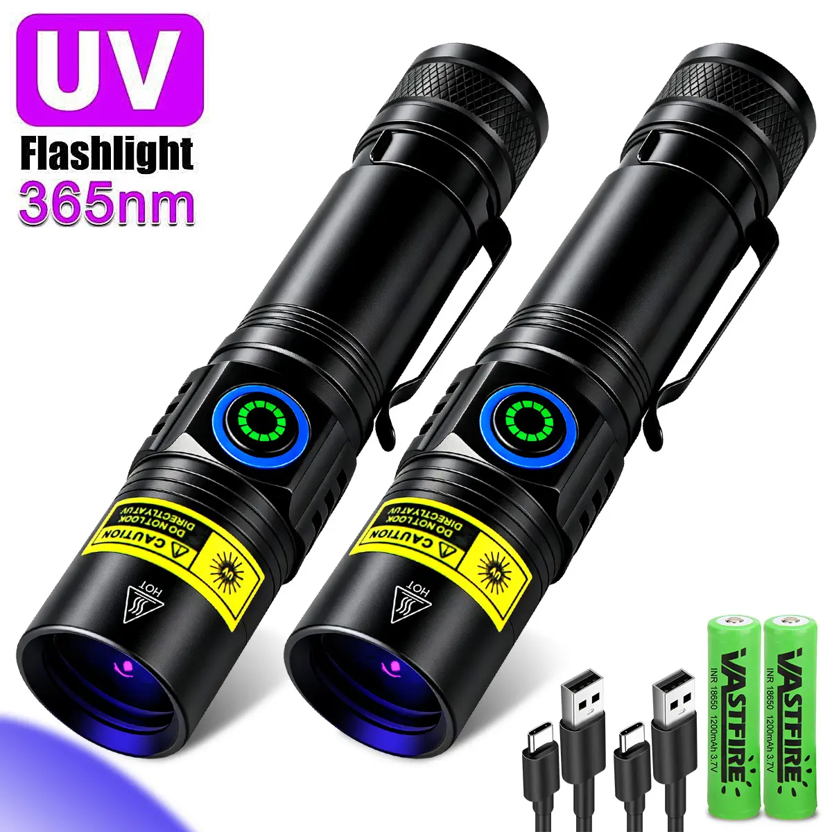 365nm 5W Portable UV Black LED Flashlight, Type-C USB Rechargeable, Aluminum Alloy Shell With Power Indicator Metal Clip, For Pet Urine Gem Resin Scorpion Hunting, Rechargeable Powerful Flashlights, Usb Rechargeable Flashlight