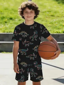 2PCS Boys Simple Street Short Sleeve & Shorts Set, Breathable & Comfortable, Kids Summer Daily School Outfit, Casual Set