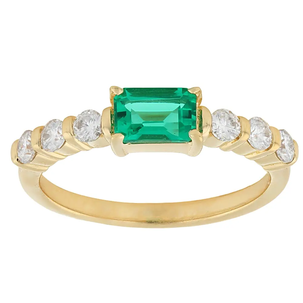 JTV Green Lab Created Emerald With Moissanite 18k Yellow Gold Over Silver Ring 0.56ctw